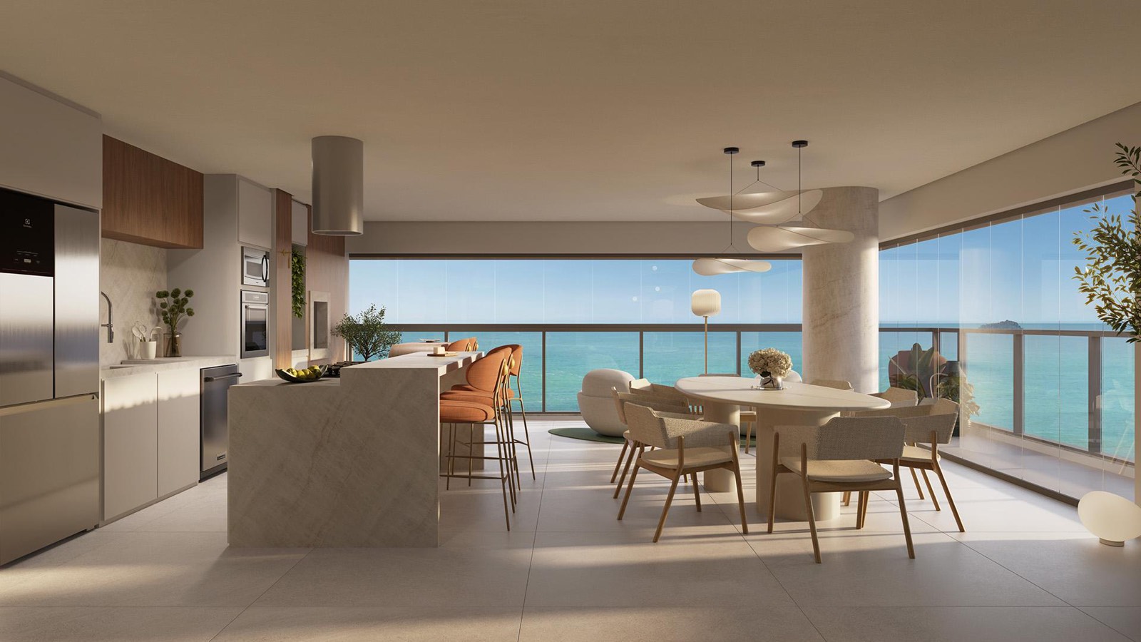 Living integrado à cozinha gourmet, com vista mar
