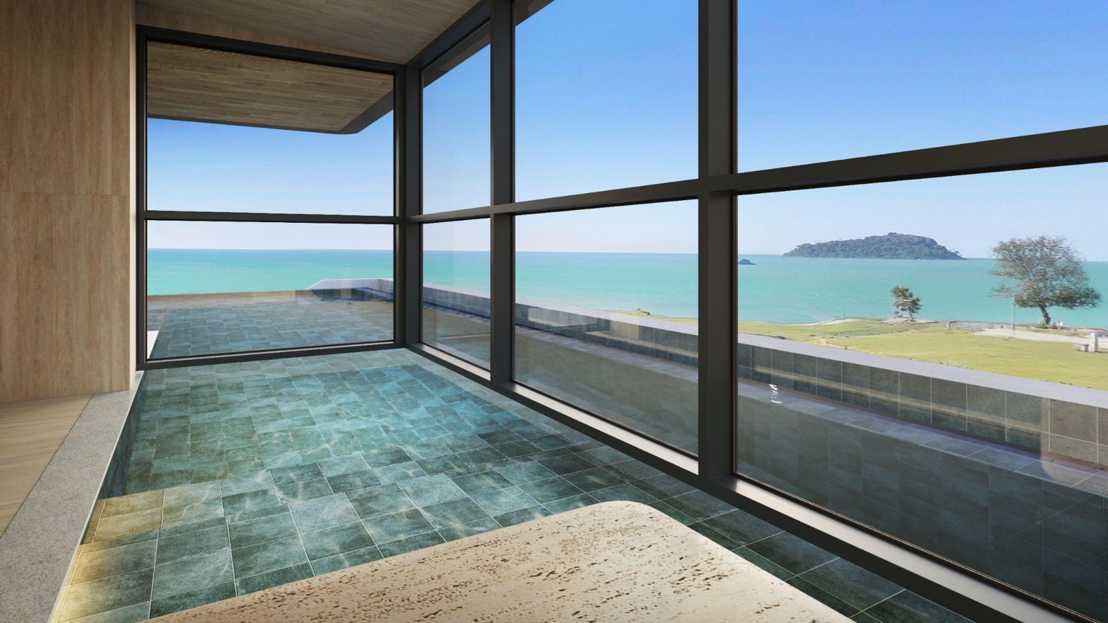 Sauna úmida com vista para o mar